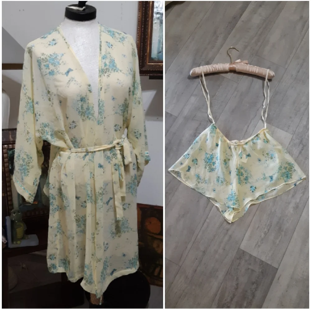 Womens Sheer Lingerie sz L Robe bottoms Set Secret yellow sleepwear nightie